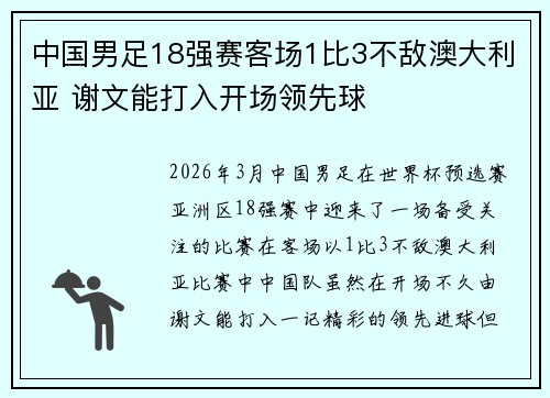中国男足18强赛客场1比3不敌澳大利亚 谢文能打入开场领先球 中国男足18强赛客场1比3不敌澳大利亚 谢文能打入开场领先球