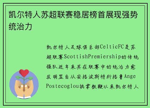 凯尔特人苏超联赛稳居榜首展现强势统治力 凯尔特人苏超联赛稳居榜首展现强势统治力