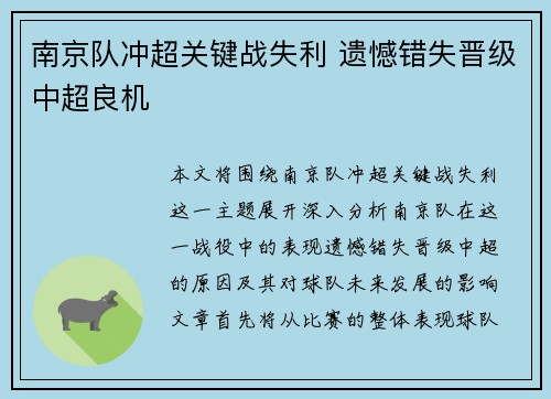 南京队冲超关键战失利 遗憾错失晋级中超良机 南京队冲超关键战失利 遗憾错失晋级中超良机