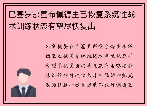 巴塞罗那宣布佩德里已恢复系统性战术训练状态有望尽快复出 巴塞罗那宣布佩德里已恢复系统性战术训练状态有望尽快复出