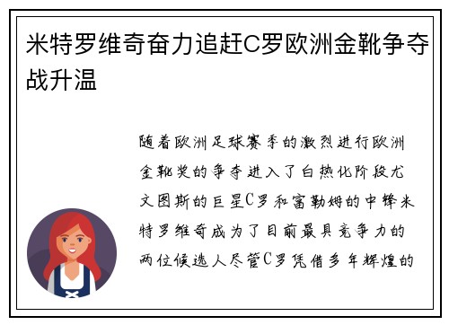 米特罗维奇奋力追赶C罗欧洲金靴争夺战升温
